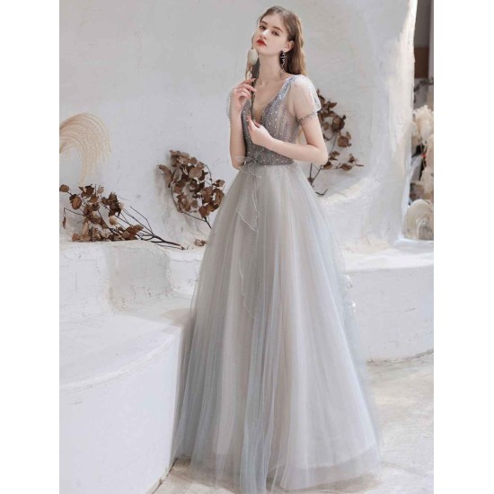 Stunning Evening Dress Light Grey A Line Bateau Neck Floor Length Social Party Dresses Pageant Dress