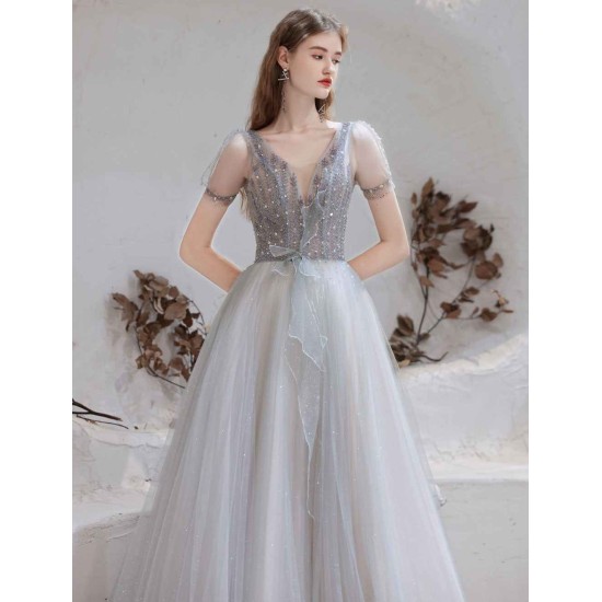 Stunning Evening Dress Light Grey A Line Bateau Neck Floor Length Social Party Dresses Pageant Dress