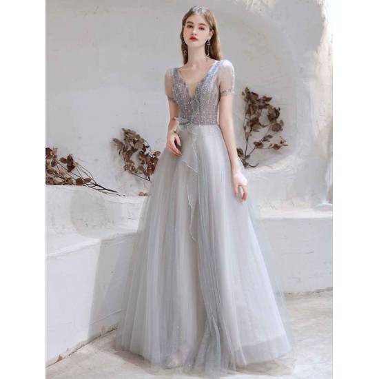 Stunning Evening Dress Light Grey A Line Bateau Neck Floor Length Social Party Dresses Pageant Dress