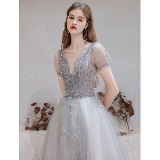Stunning Evening Dress Light Grey A Line Bateau Neck Floor Length Social Party Dresses Pageant Dress