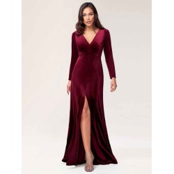 Stunning Burgundy Evening Dress Sheath Long Sleeve V-Neck Velour Social Party Dresses