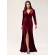 Stunning Burgundy Evening Dress Sheath Long Sleeve V-Neck Velour Social Party Dresses
