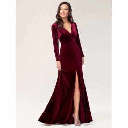 Stunning Burgundy Evening Dress Sheath Long Sleeve V-Neck Velour Social Party Dresses