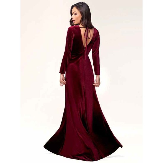 Stunning Burgundy Evening Dress Sheath Long Sleeve V-Neck Velour Social Party Dresses