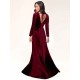 Stunning Burgundy Evening Dress Sheath Long Sleeve V-Neck Velour Social Party Dresses