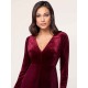 Stunning Burgundy Evening Dress Sheath Long Sleeve V-Neck Velour Social Party Dresses