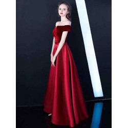 Stunning Burgundy Evening Dresses Off The Shoulder Velvet Satin Formal Dress Notched Neck Floor Length Evening Gowns