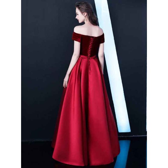 Stunning Burgundy Evening Dresses Off The Shoulder Velvet Satin Formal Dress Notched Neck Floor Length Evening Gowns
