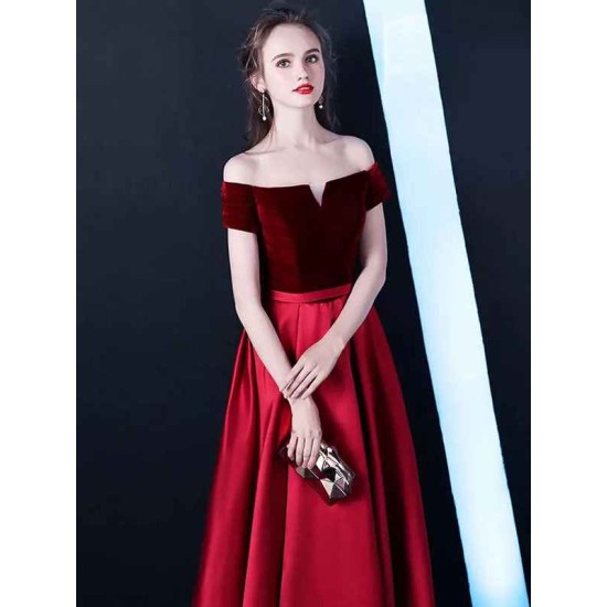 Stunning Burgundy Evening Dresses Off The Shoulder Velvet Satin Formal Dress Notched Neck Floor Length Evening Gowns