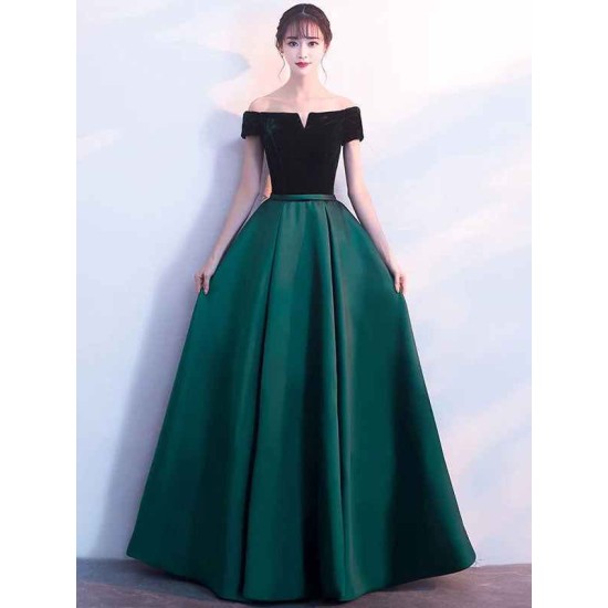Stunning Burgundy Evening Dresses Off The Shoulder Velvet Satin Formal Dress Notched Neck Floor Length Evening Gowns