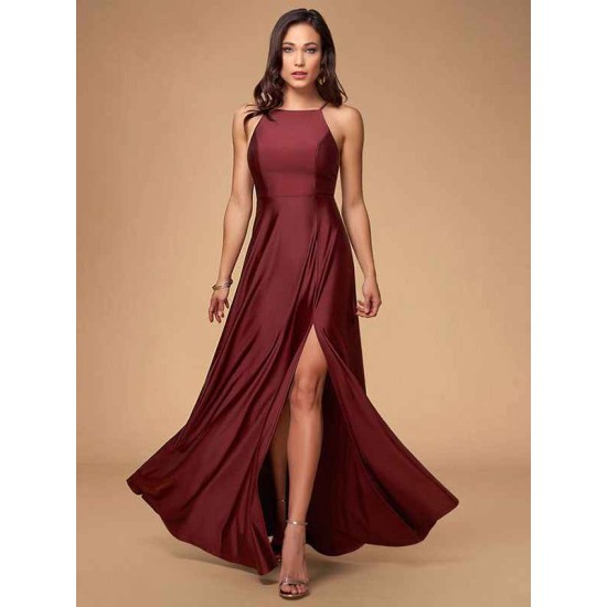 Stunning Women Evening Dress Burgundy A Line Criss Cross Lycra Spandex Formal Dinner Dresses