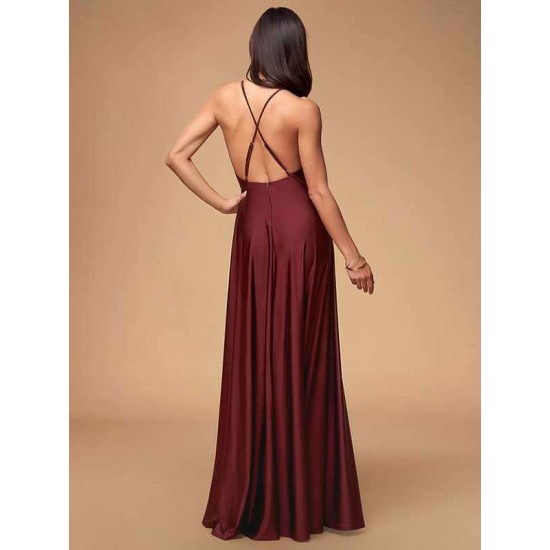Stunning Women Evening Dress Burgundy A Line Criss Cross Lycra Spandex Formal Dinner Dresses