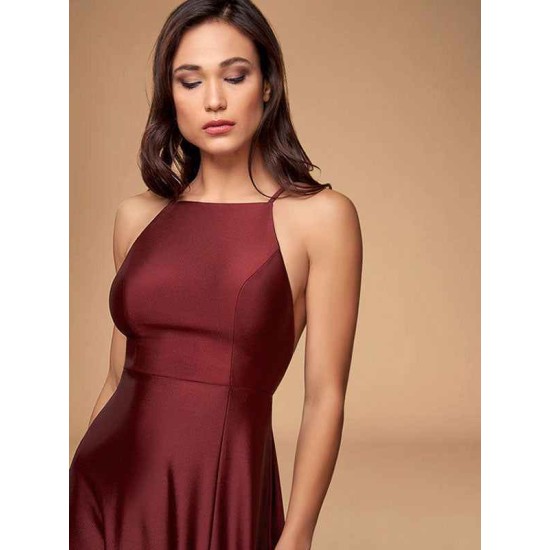 Stunning Women Evening Dress Burgundy A Line Criss Cross Lycra Spandex Formal Dinner Dresses