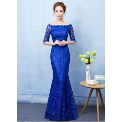 Stunning Mermaid Evening Dress Royal Blue Lace evening dress Off The Shoulder Half Sleeve fishtail Maxi Party Dress wedding guest dress