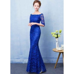 Stunning Mermaid Evening Dress Royal Blue Lace evening dress Off The Shoulder Half Sleeve fishtail Maxi Party Dress wedding guest dress