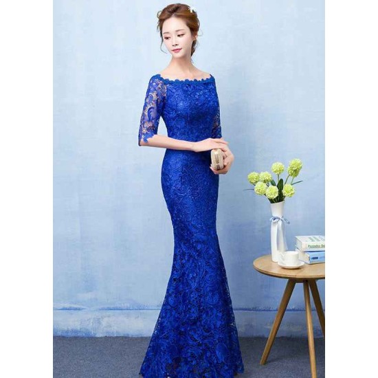 Stunning Mermaid Evening Dress Royal Blue Lace evening dress Off The Shoulder Half Sleeve fishtail Maxi Party Dress wedding guest dress
