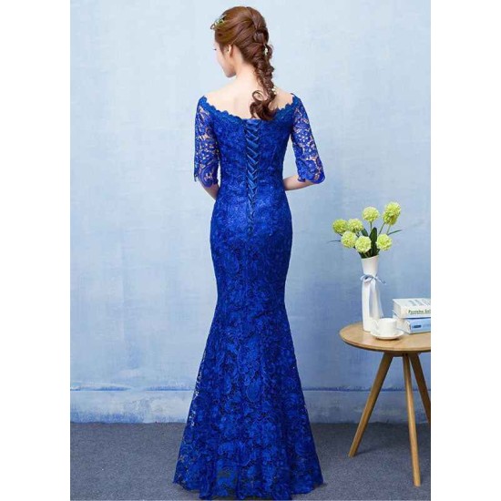Stunning Mermaid Evening Dress Royal Blue Lace evening dress Off The Shoulder Half Sleeve fishtail Maxi Party Dress wedding guest dress