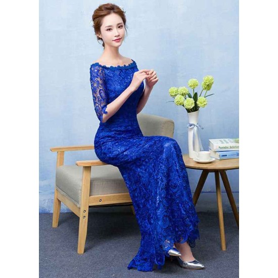 Stunning Mermaid Evening Dress Royal Blue Lace evening dress Off The Shoulder Half Sleeve fishtail Maxi Party Dress wedding guest dress