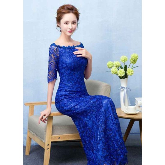 Stunning Mermaid Evening Dress Royal Blue Lace evening dress Off The Shoulder Half Sleeve fishtail Maxi Party Dress wedding guest dress