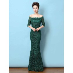 Stunning Lace Evening Dress Off The Shoulder Mermaid Party Dress Dark Green Half Sleeve Maxi Occasion Dress wedding guest dress