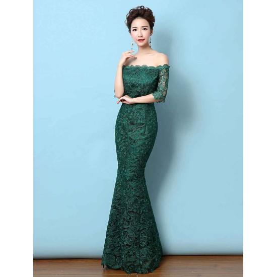 Stunning Lace Evening Dress Off The Shoulder Mermaid Party Dress Dark Green Half Sleeve Maxi Occasion Dress wedding guest dress
