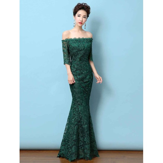 Stunning Lace Evening Dress Off The Shoulder Mermaid Party Dress Dark Green Half Sleeve Maxi Occasion Dress wedding guest dress