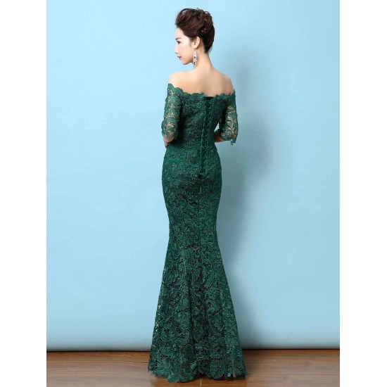 Stunning Lace Evening Dress Off The Shoulder Mermaid Party Dress Dark Green Half Sleeve Maxi Occasion Dress wedding guest dress