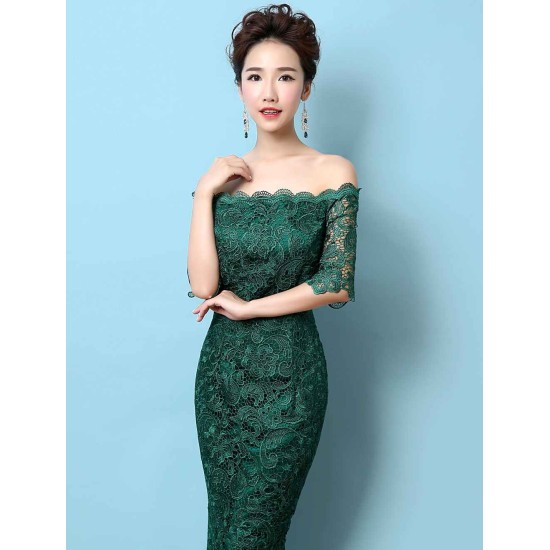 Stunning Lace Evening Dress Off The Shoulder Mermaid Party Dress Dark Green Half Sleeve Maxi Occasion Dress wedding guest dress