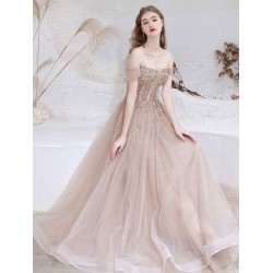 Stunning Evening Dress Nude Color A Line Bateau Neck Floor Length Short Sleeves Lace Up Sequins Formal Dinner Dresses Pageant Dress
