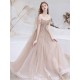 Stunning Evening Dress Nude Color A Line Bateau Neck Floor Length Short Sleeves Lace Up Sequins Formal Dinner Dresses Pageant Dress