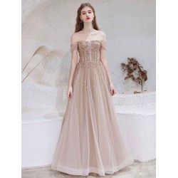Stunning Evening Dress Nude Color A Line Bateau Neck Floor Length Short Sleeves Lace Up Sequins Formal Dinner Dresses Pageant Dress