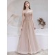 Stunning Evening Dress Nude Color A Line Bateau Neck Floor Length Short Sleeves Lace Up Sequins Formal Dinner Dresses Pageant Dress