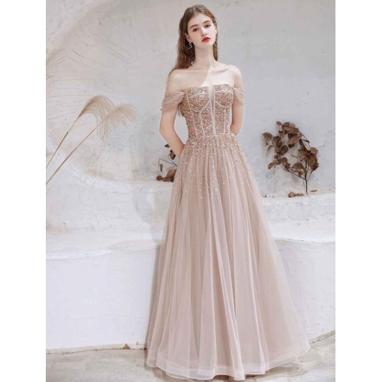 Stunning Evening Dress Nude Color A Line Bateau Neck Floor Length Short Sleeves Lace Up Sequins Formal Dinner Dresses Pageant Dress