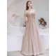 Stunning Evening Dress Nude Color A Line Bateau Neck Floor Length Short Sleeves Lace Up Sequins Formal Dinner Dresses Pageant Dress