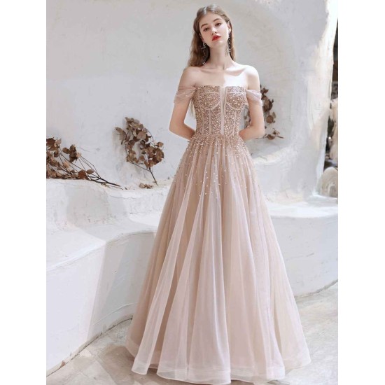 Stunning Evening Dress Nude Color A Line Bateau Neck Floor Length Short Sleeves Lace Up Sequins Formal Dinner Dresses Pageant Dress