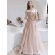 Stunning Evening Dress Nude Color A Line Bateau Neck Floor Length Short Sleeves Lace Up Sequins Formal Dinner Dresses Pageant Dress