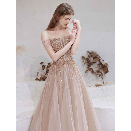Stunning Evening Dress Nude Color A Line Bateau Neck Floor Length Short Sleeves Lace Up Sequins Formal Dinner Dresses Pageant Dress