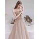 Stunning Evening Dress Nude Color A Line Bateau Neck Floor Length Short Sleeves Lace Up Sequins Formal Dinner Dresses Pageant Dress