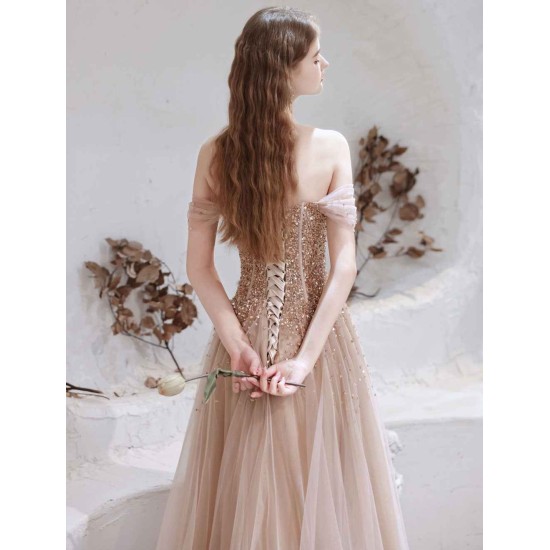 Stunning Evening Dress Nude Color A Line Bateau Neck Floor Length Short Sleeves Lace Up Sequins Formal Dinner Dresses Pageant Dress