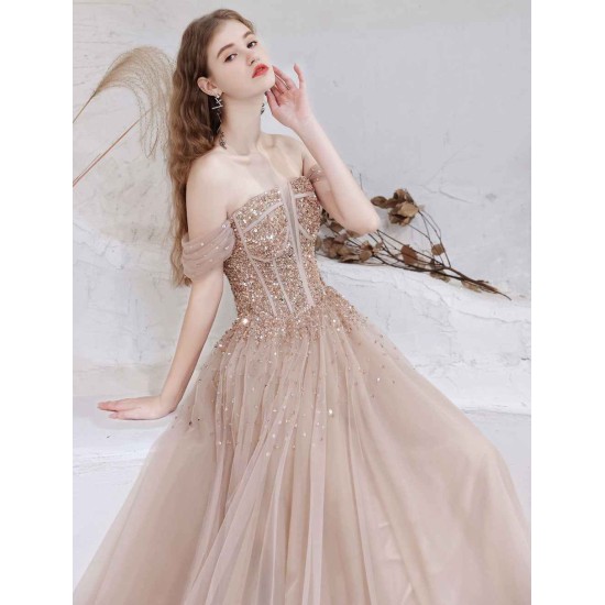 Stunning Evening Dress Nude Color A Line Bateau Neck Floor Length Short Sleeves Lace Up Sequins Formal Dinner Dresses Pageant Dress