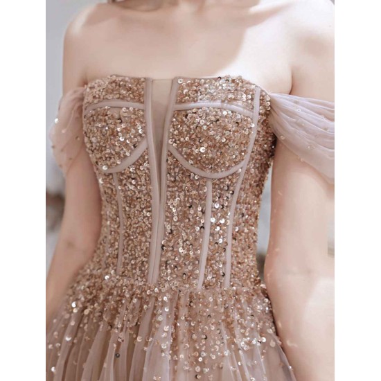 Stunning Evening Dress Nude Color A Line Bateau Neck Floor Length Short Sleeves Lace Up Sequins Formal Dinner Dresses Pageant Dress