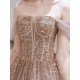 Stunning Evening Dress Nude Color A Line Bateau Neck Floor Length Short Sleeves Lace Up Sequins Formal Dinner Dresses Pageant Dress