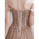 Stunning Evening Dress Nude Color A Line Bateau Neck Floor Length Short Sleeves Lace Up Sequins Formal Dinner Dresses Pageant Dress