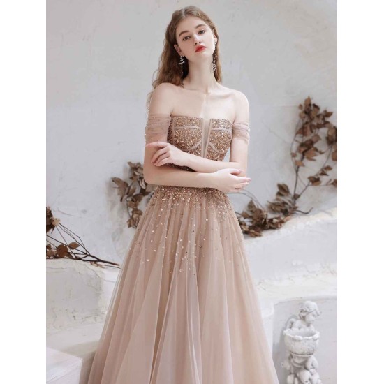 Stunning Evening Dress Nude Color A Line Bateau Neck Floor Length Short Sleeves Lace Up Sequins Formal Dinner Dresses Pageant Dress