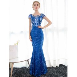 Amazing Sequin Evening Dresses Royal Blue Mermaid Formal Dress Rhinestones Beaded Cap Sleeve Floor Length Evening Gown wedding guest dress
