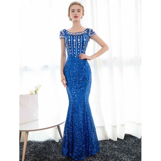 Amazing Sequin Evening Dresses Royal Blue Mermaid Formal Dress Rhinestones Beaded Cap Sleeve Floor Length Evening Gown wedding guest dress