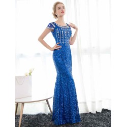 Amazing Sequin Evening Dresses Royal Blue Mermaid Formal Dress Rhinestones Beaded Cap Sleeve Floor Length Evening Gown wedding guest dress
