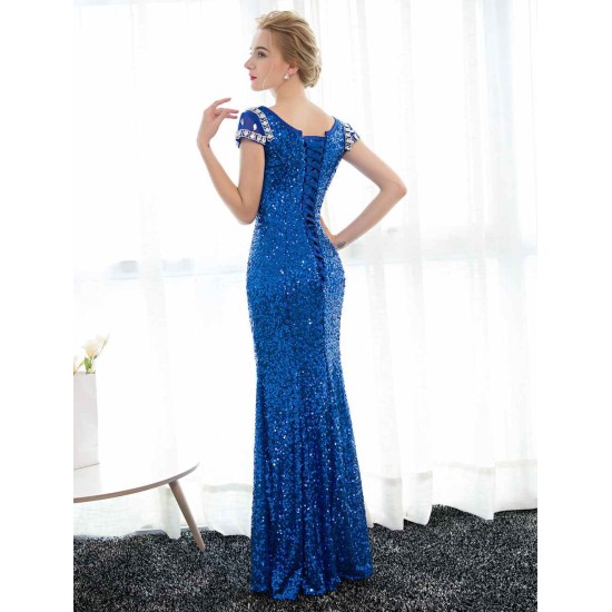 Amazing Sequin Evening Dresses Royal Blue Mermaid Formal Dress Rhinestones Beaded Cap Sleeve Floor Length Evening Gown wedding guest dress