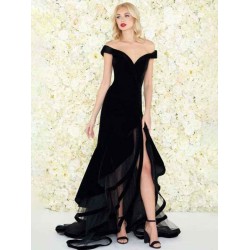 Amazing Evening Dress Mermaid Off-The-Shoulder Velour Ruffles Formal Split Party Dresses Gossip Gowns