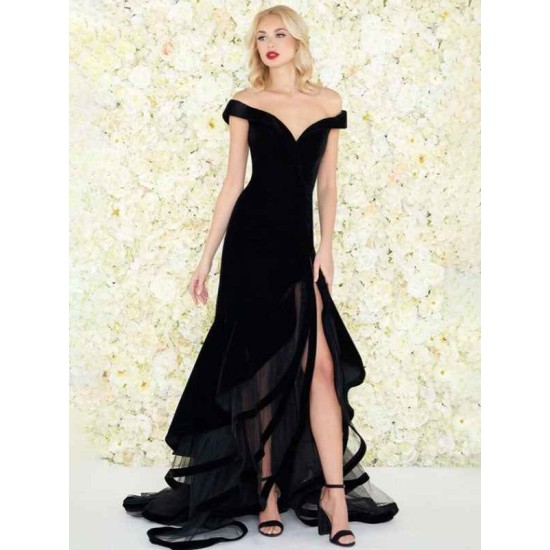 Amazing Evening Dress Mermaid Off-The-Shoulder Velour Ruffles Formal Split Party Dresses Gossip Gowns
